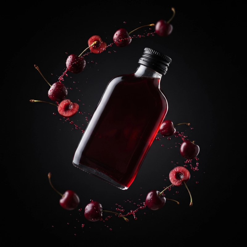 Płaska butelka szklana 100 ml z ciemną nalewką na czarnym tle z owocami, pakiet 10 piersiówek