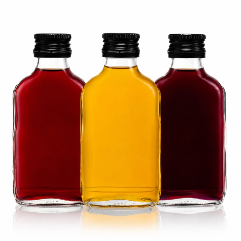 Trzy szklane piersiówki 100 ml z kolorowymi nalewkami z kompletu 10 butelek płaskich fi 28 mm