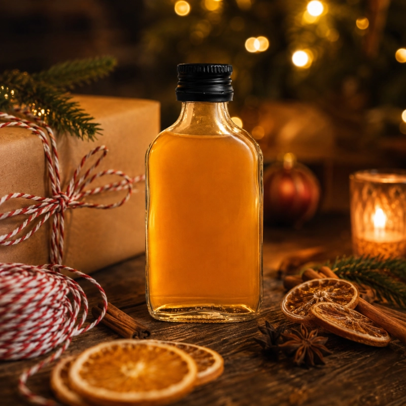 Piersiówki szklane 100 ml z pomarańczowym likierem w jesiennej aranżacji, zestaw 10 mini flaszek