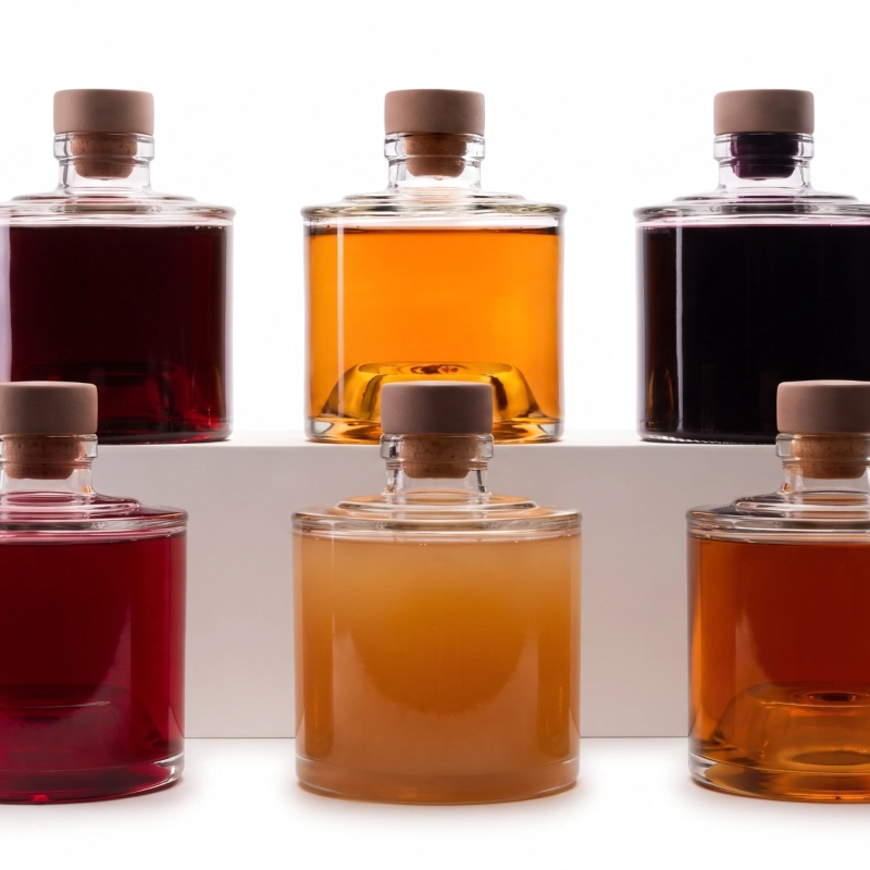 Zbliżenie na szklane flaszki Vogi 250 ml wypełnione pomarańczową i ciemną nalewką, widoczny kolor przez szkło