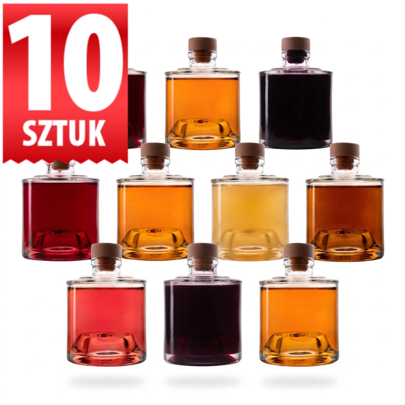Zestaw 10 szklanych mini karafek Vogi 250 ml z korkami grzybkami, komplet 2,5 litra na sezon nalewkowy