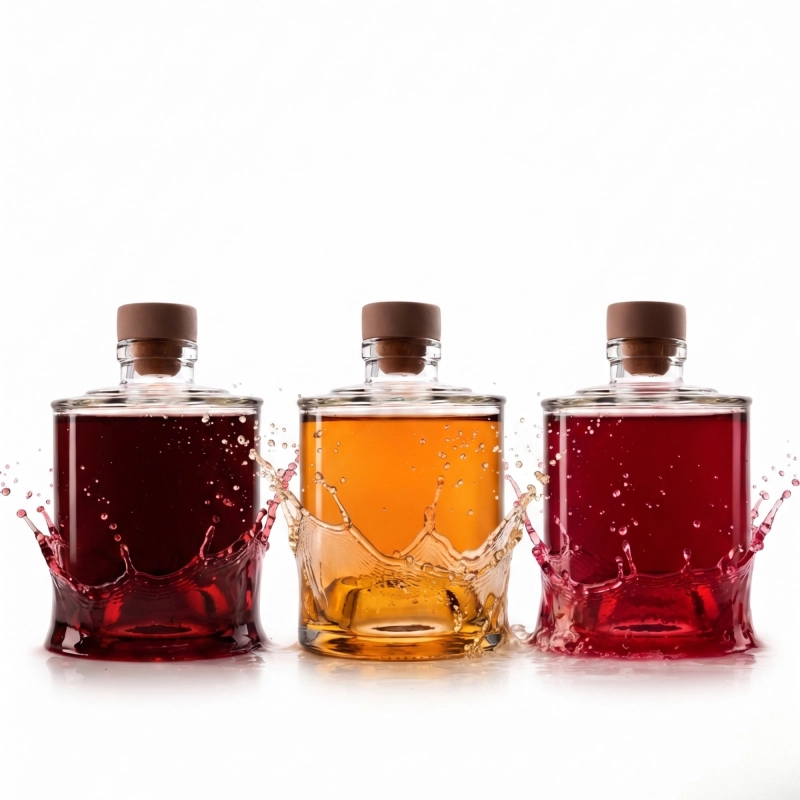 Trzy szklane flaszki Vogi 250 ml obok siebie z nalewkami bursztynową, pomarańczową i rubinową, korki grzybki