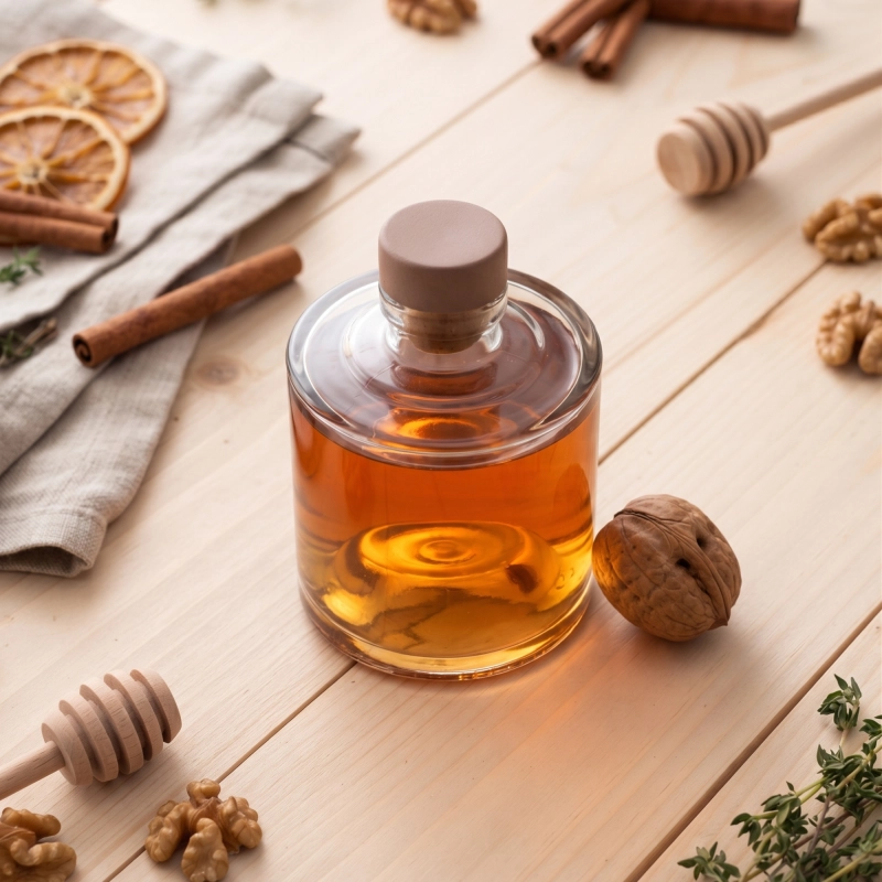 Butelka szklana Vogi 250 ml z nalewką na nakrytym stole obok kieliszków i przypraw, korek grzybek syntetyczny