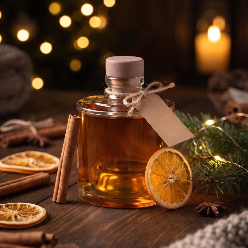 Szklana mini karafka Vogi 250 ml z nalewką w świątecznym klimacie, ciepłe światła i blask świec w tle