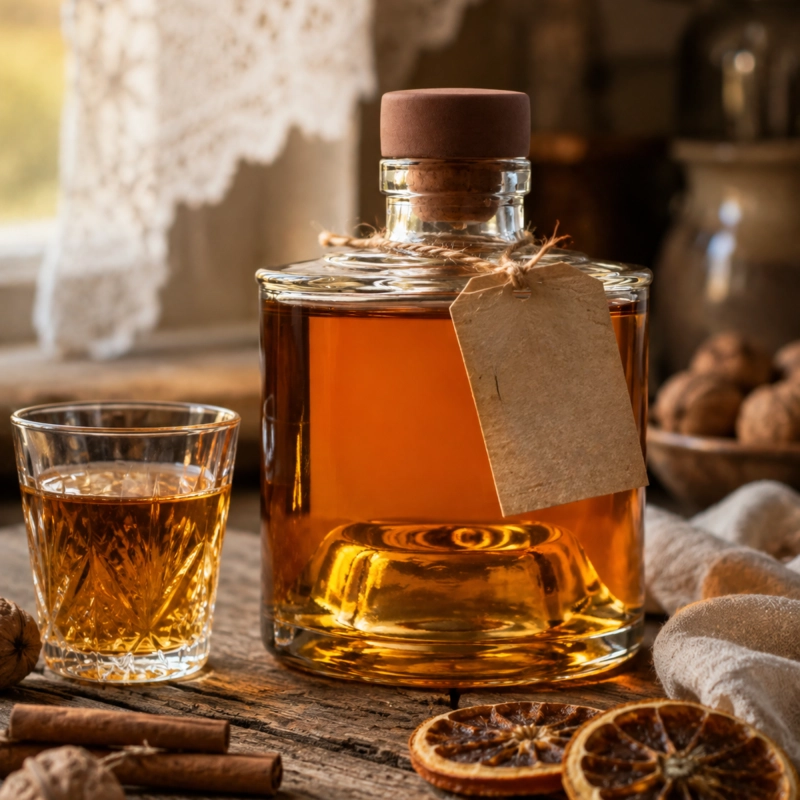Butelki szklane Vogi 250 ml z domowym likierem w kuchni obok świeżych owoców, zapas szkła na cały sezon