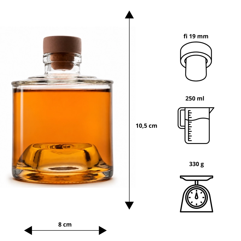Schemat techniczny szklanej butelki Vogi 250 ml z oznaczeniami wymiarów i parametrów korka grzybka fi 19 mm