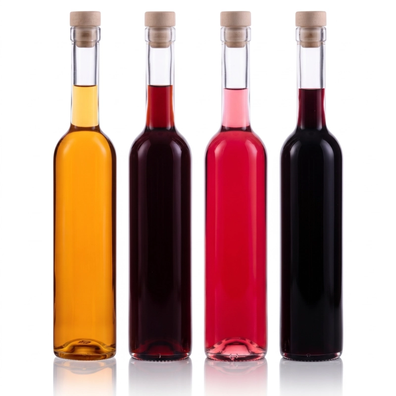 Trzy szklane butelki Futura 500 ml z nalewkami w kolorze bursztynu, żółci i czerwieni, korki grzybki