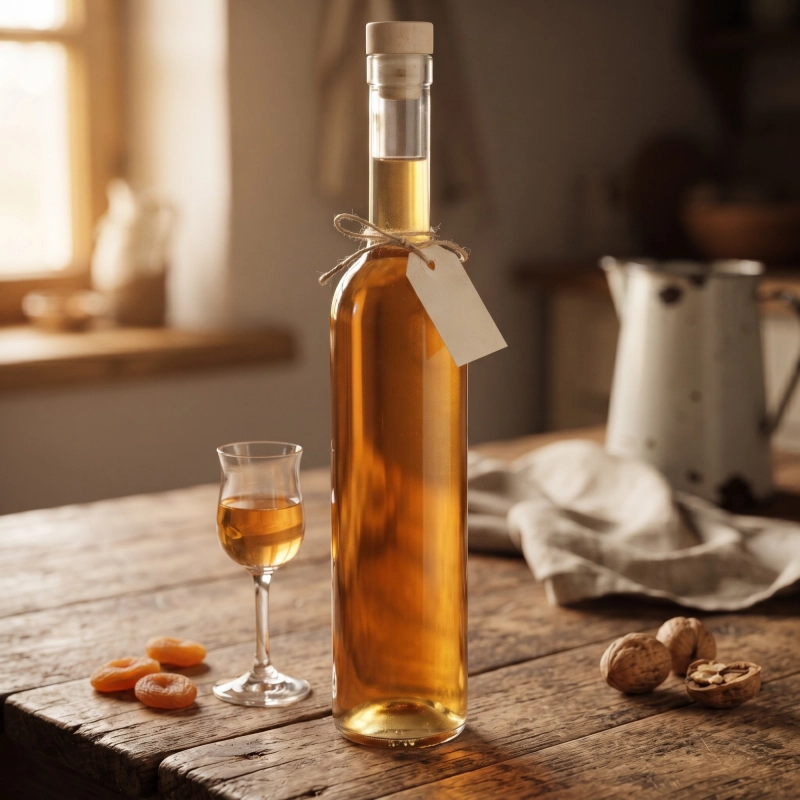 Szklana butelka Futura 500 ml z cytrynówką na kuchennym stole obok cytryn i pomarańczy, korek grzybek