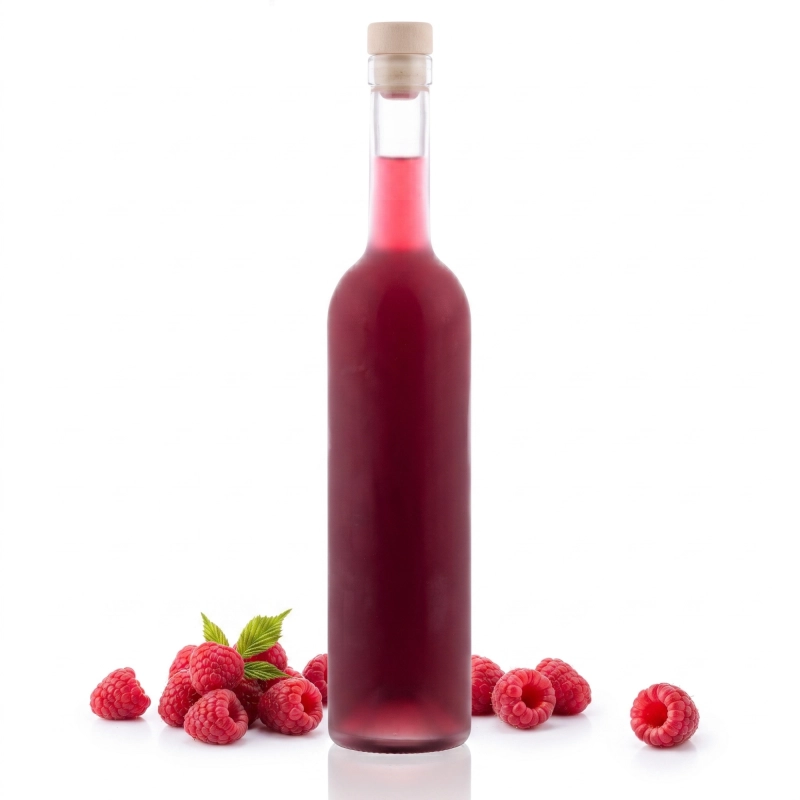 Szklana flaszka Futura 500 ml z czerwonym winem domowym, kałuża płynu u podstawy smukłej butelki