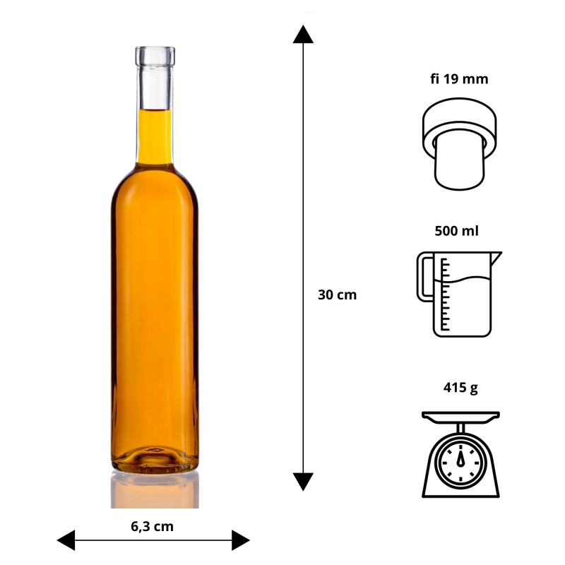 Rysunek techniczny butelki Futura z zestawu 20 sztuk, wysokość 30 cm, średnica 6,3 cm, wklęsłe dno