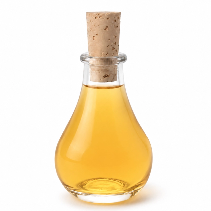 Buteleczka ze szkła bezbarwnego Tina 50 ml ze złotą nalewką, zakorkowana naturalnym korkiem stożkowym, białe tło