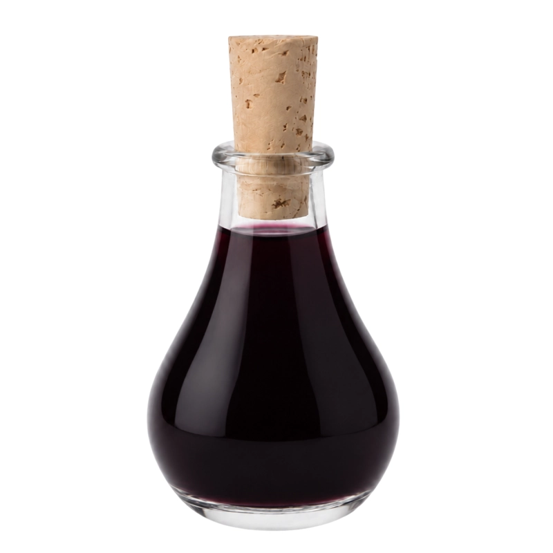 Mała butelka szklana Tina 50 ml wypełniona ciemnym likierem, zakorkowana naturalnym korkiem, zdjęcie na białym tle