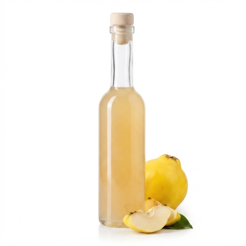 Szklana buteleczka Futura 100 ml z korkiem, w środku złocisty syrop lub likier, na próbki i upominki