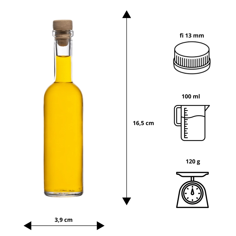 Butelka szklana Futura 100 ml z bursztynową nalewką obok korka stożkowego i grzybka syntetycznego