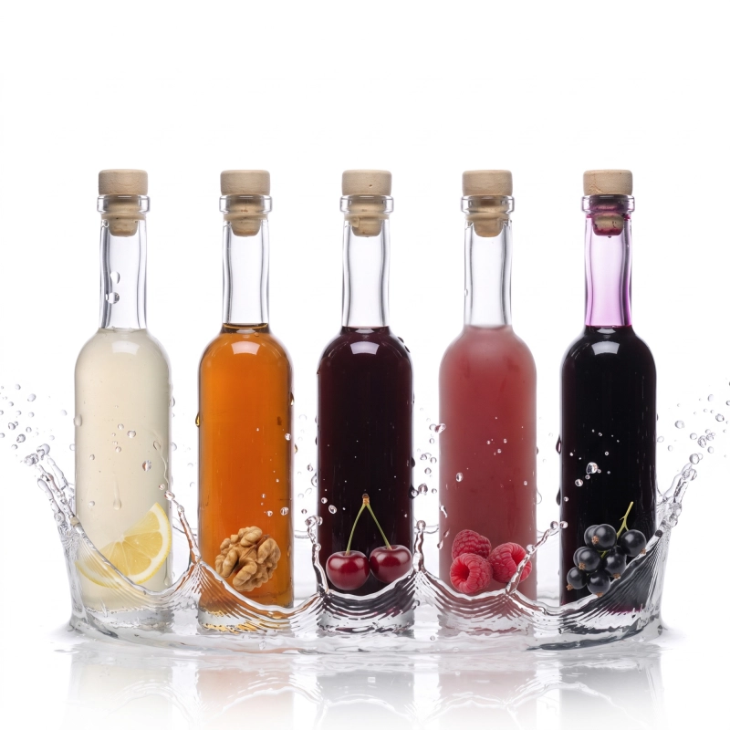 Dziesięć szklanych buteleczek Futura 100 ml z korkami i nalewkami, pakiet 10 szt. do próbek i degustacji