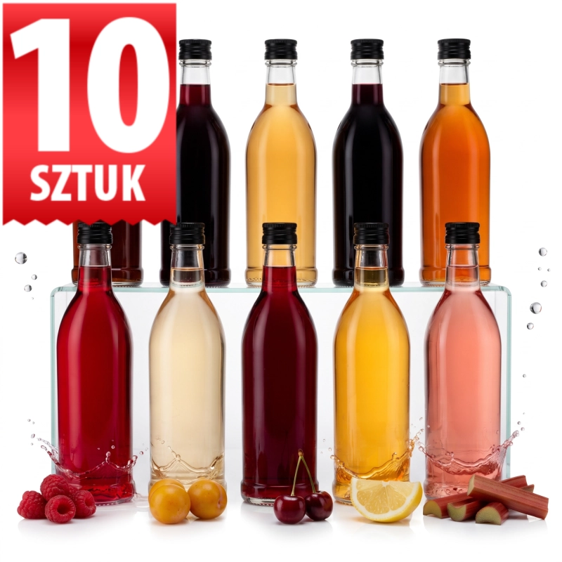 Zestaw 10 szklanych butelek Nigina 250 ml z kolorowymi zakrętkami fi 28 mm łącznie 2,5 litra do nalewek
