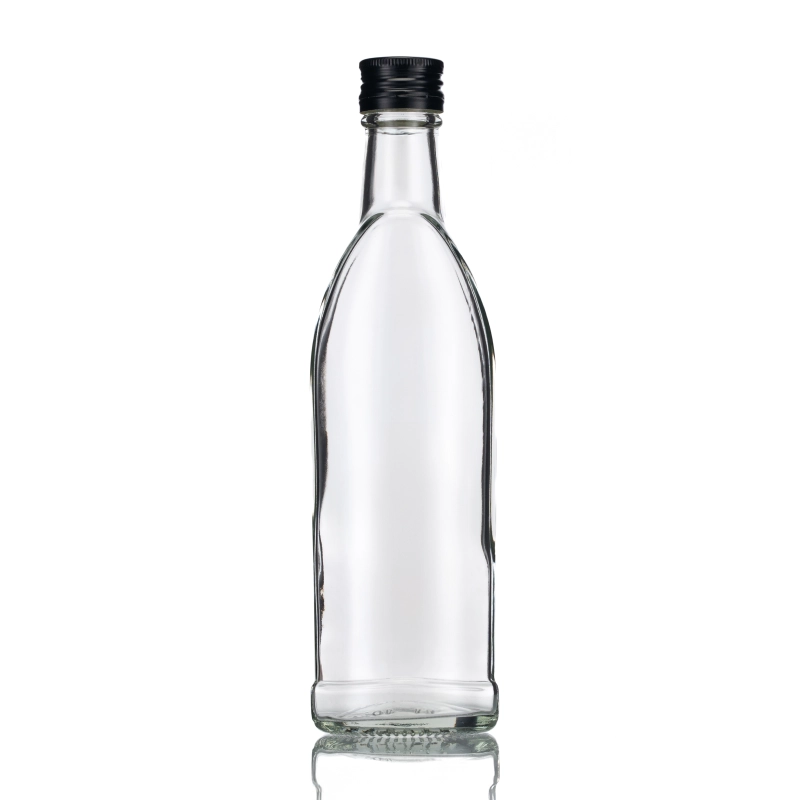 Pusta szklana butelka Nigina 250 ml z zakrętką fi 28 mm owalna sylwetka bezbarwne szkło widok z przodu