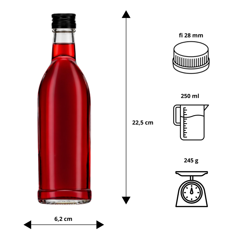Infografika szklana butelka Nigina 250 ml wysokość 22,5 cm gwint fi 28 mm opakowanie zbiorcze 20 sztuk