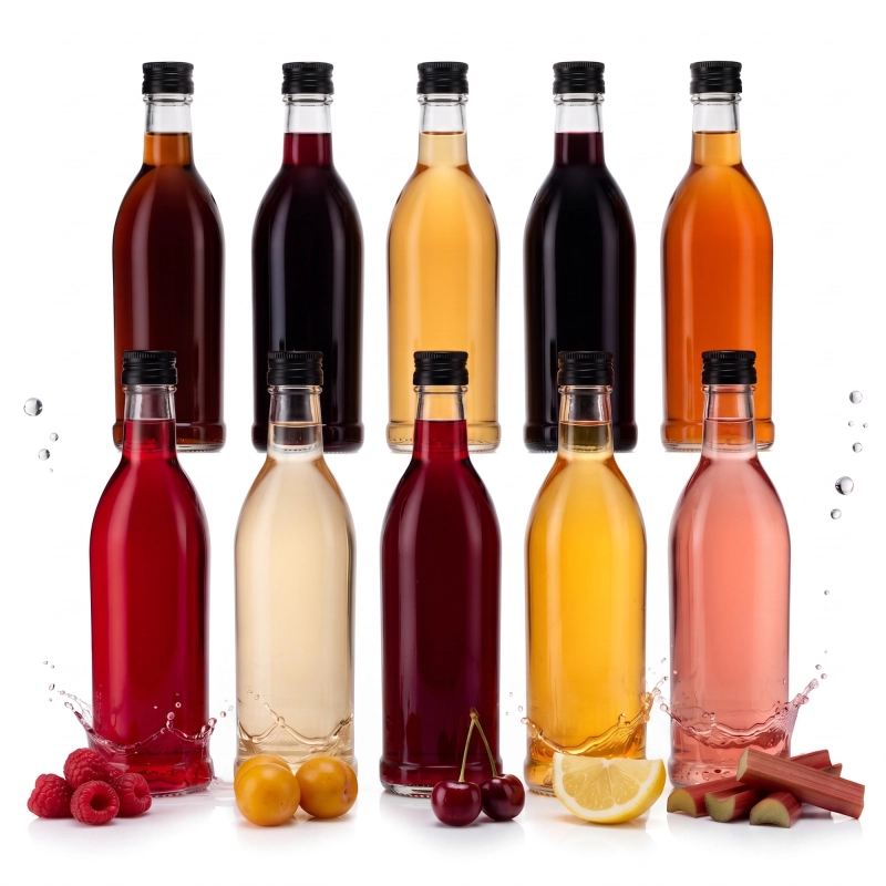 20 butelek szklanych Nigina 250 ml z żółtą i czerwoną nalewką hurt zakrętki 28/18 mix kolorów 5 litrów
