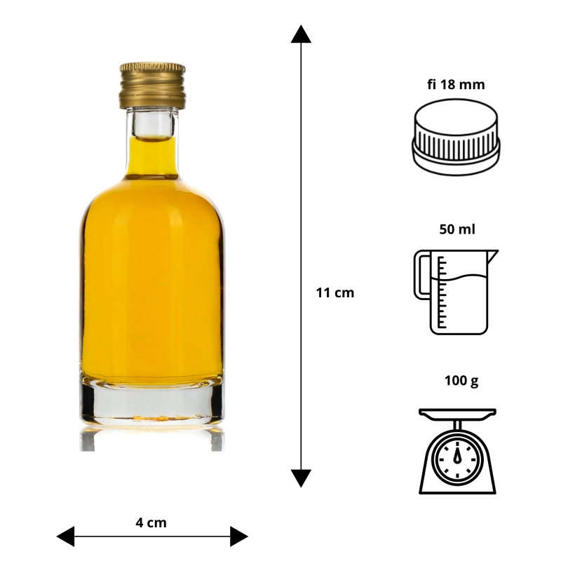 Szklana butelka Tadek 50 ml z bursztynowym trunkiem oraz rysunek techniczny z wymiarami, wysokość 11 cm