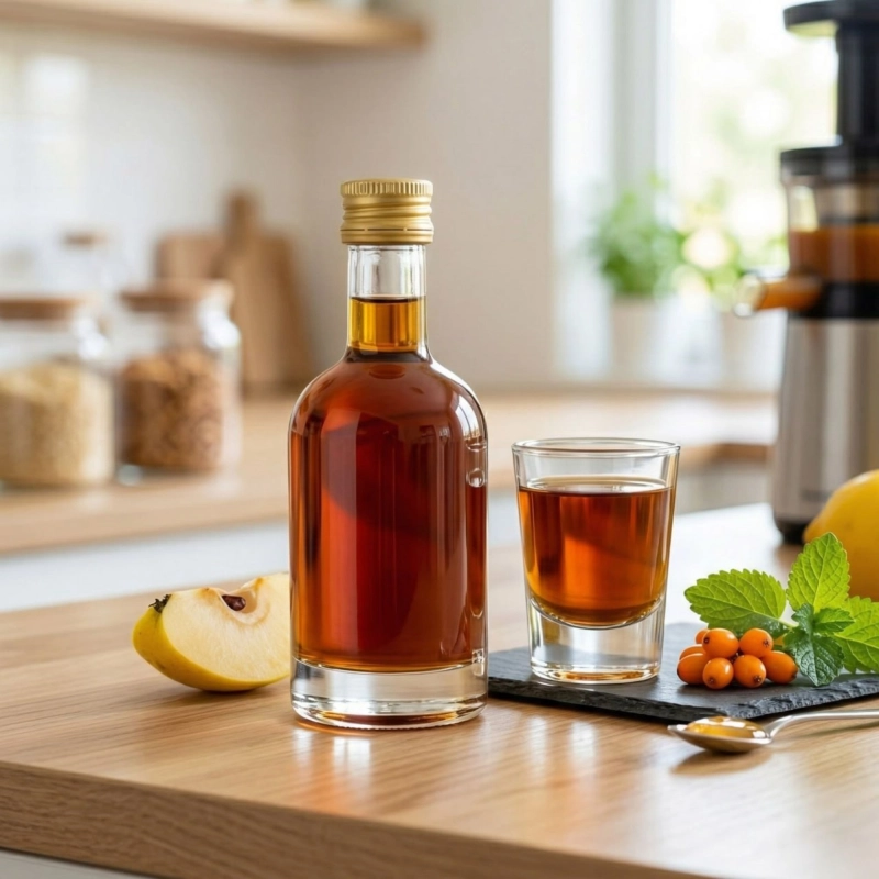 Szklana mini flaszka Tadek 50 ml z czerwonym likierem na kuchennym blacie obok świeżych owoców