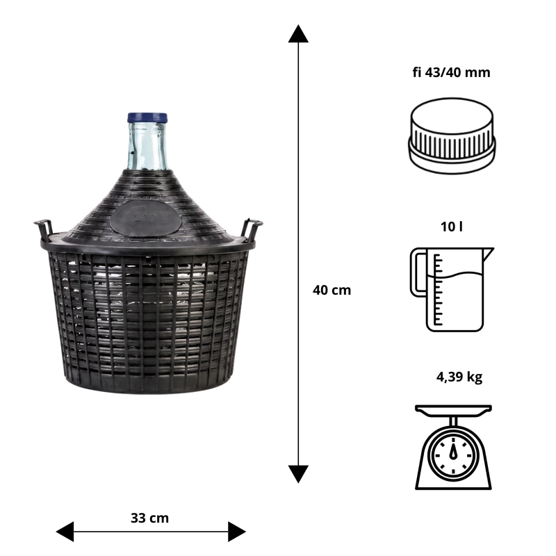Szklany balon 10 l w koszu — wysokość 40 cm, szerokość 33 cm, waga 4,39 kg, wlew 40 mm
