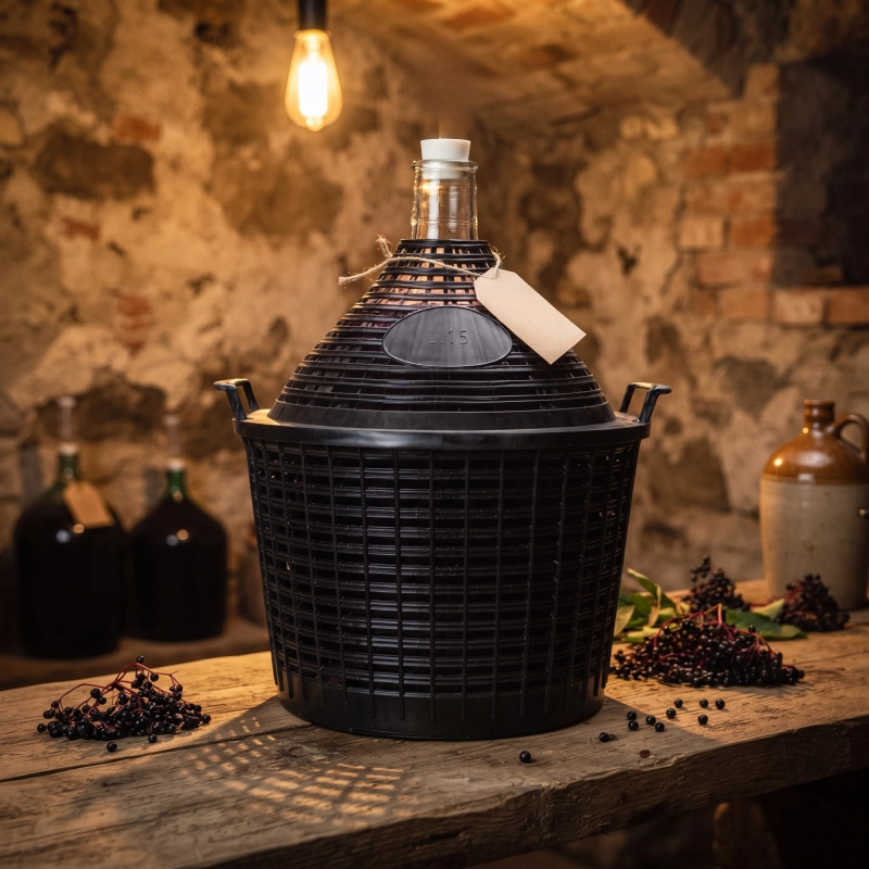 Balon szklany 15 l w koszu na rustykalnym tle, gąsior do fermentacji cydru i miodu pitnego