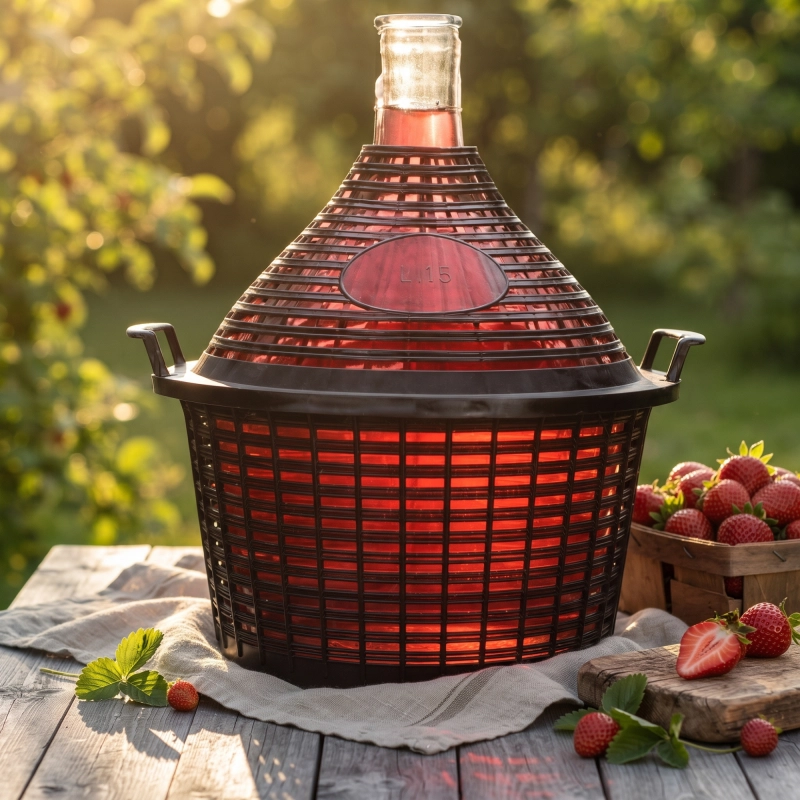 Szklany balon fermentacyjny 15 l w koszu na ciepłym jesiennym tle, idealny do nastawu wina