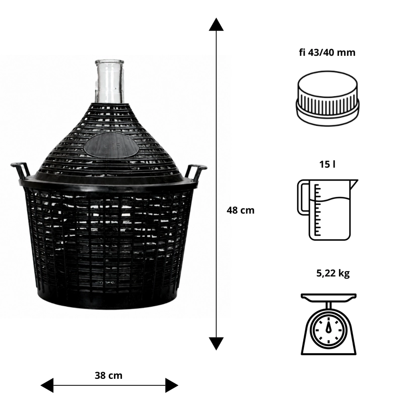 Infografika z wymiarami balonu szklanego 15 l w koszu: wysokość 48 cm, szerokość 38 cm