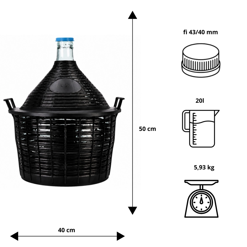 Infografika wymiarów gąsiora szklanego 20 l w koszu: wysokość 50 cm, szerokość 40 cm