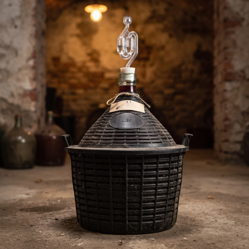 Balon do fermentacji 20 l w koszu w rustykalnym wnętrzu piwniczki, gąsior szklany na nastaw