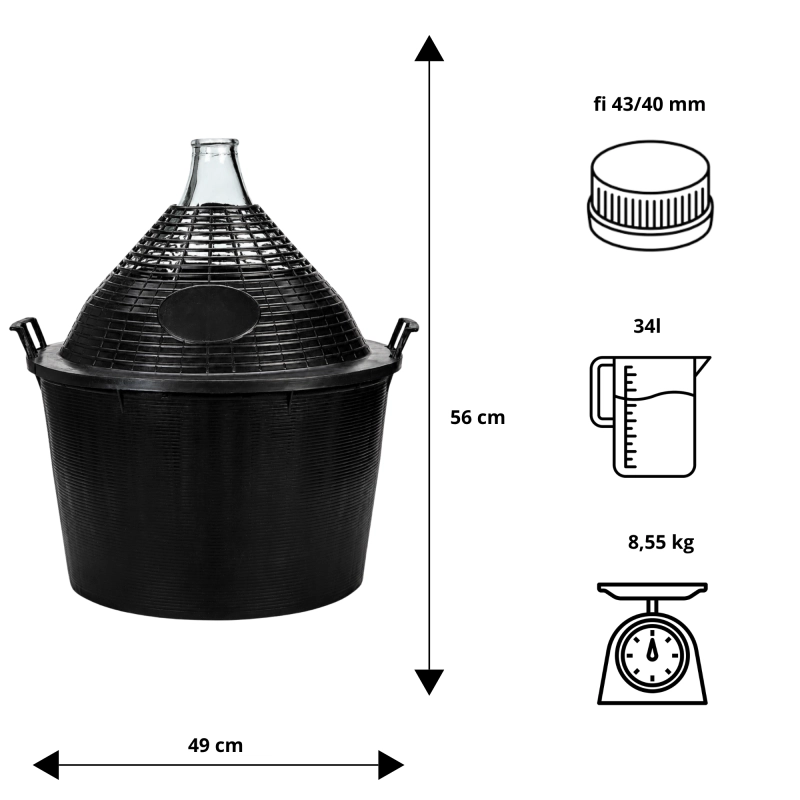Infografika wymiarów gąsiora szklanego 34 l w koszu: wysokość 56 cm, szerokość 49 cm