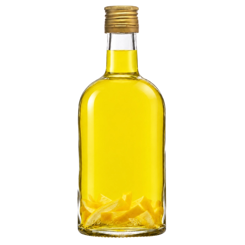 Butelka szklana Bruno 0,5 l z żółtym likierem cytrynowym i złotą zakrętką, gruba ścianka i szeroki korpus