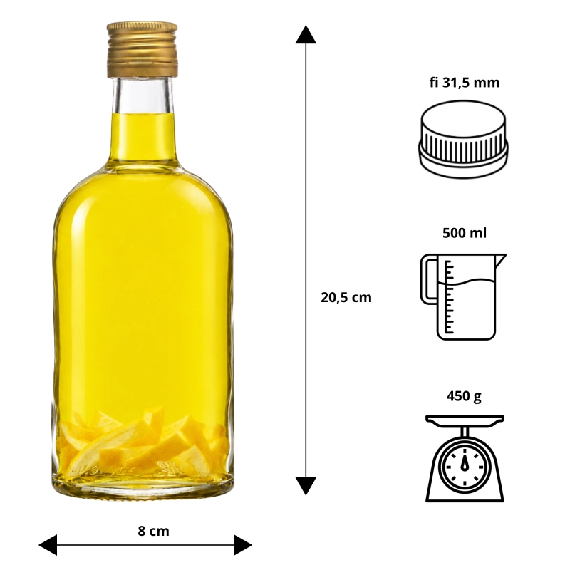 Wymiary szklanej butelki Bruno 500 ml i dostępne kolory zakrętek fi 31,5 mm: złota, czerwona i czarna
