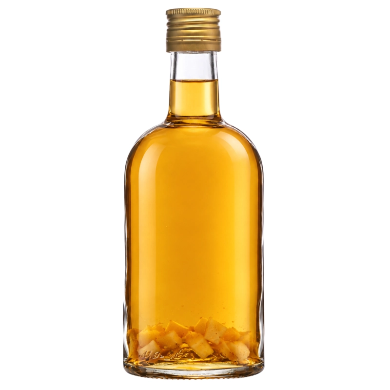 Flaszka ze szkła Bruno pół litra z bursztynową whisky i złotą zakrętką 31,5 mm, grube dno i szerokie ramiona