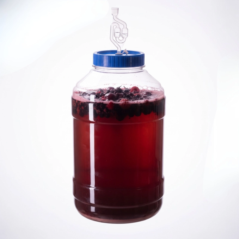 Nietłukący słój PET 25 l z ciemnoczerwonym winem domowym i pracującą rurką fermentacyjną, widok z przodu