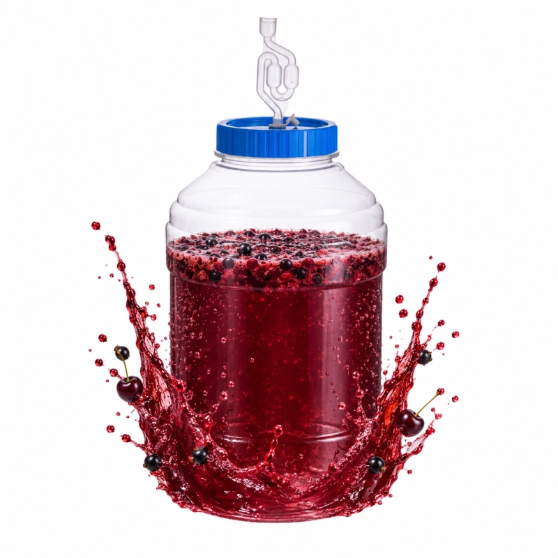 Fermentor PET 25 l z czerwonym winem owocowym i rozbryzgiem soku, szeroki otwór 13,5 cm i pokrywa z rurką