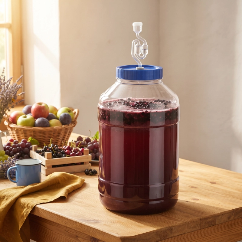 Słój PET 25 l do fermentacji wina z rurką fermentacyjną na drewnianym blacie w domowej kuchni, ciepłe światło