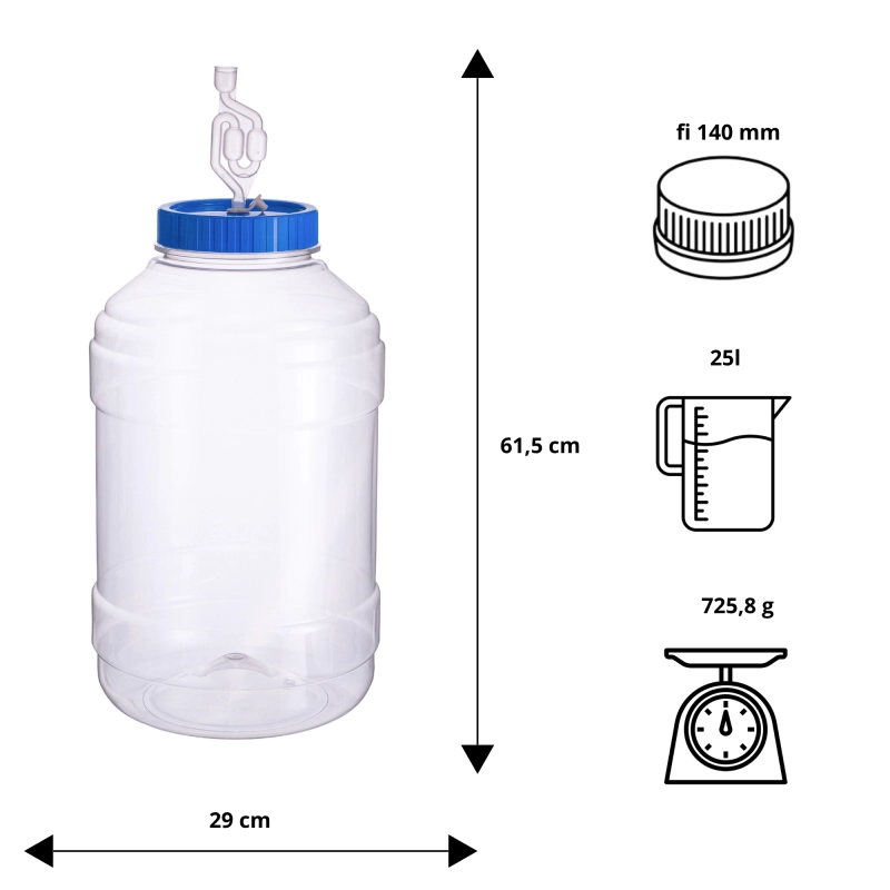 Tablica wymiarów słoja PET 25 l do fermentacji: wysokość 61,5 cm, średnica 29 cm, otwór 13,5 cm, pokrywa fi 140