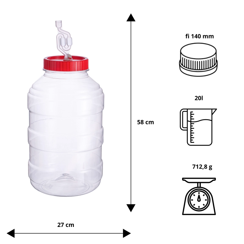 Tablica wymiarów słoja PET 20 l do fermentacji: wysokość 58 cm, średnica 27 cm, otwór 13,5 cm, pokrywa fi 140
