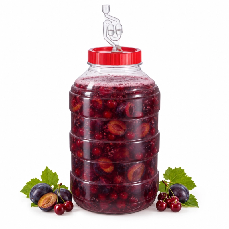 Pojemnik fermentacyjny PET 20 litrów z ciemnoczerwonym winem owocowym i pracującą rurką, owoce wokół słoja