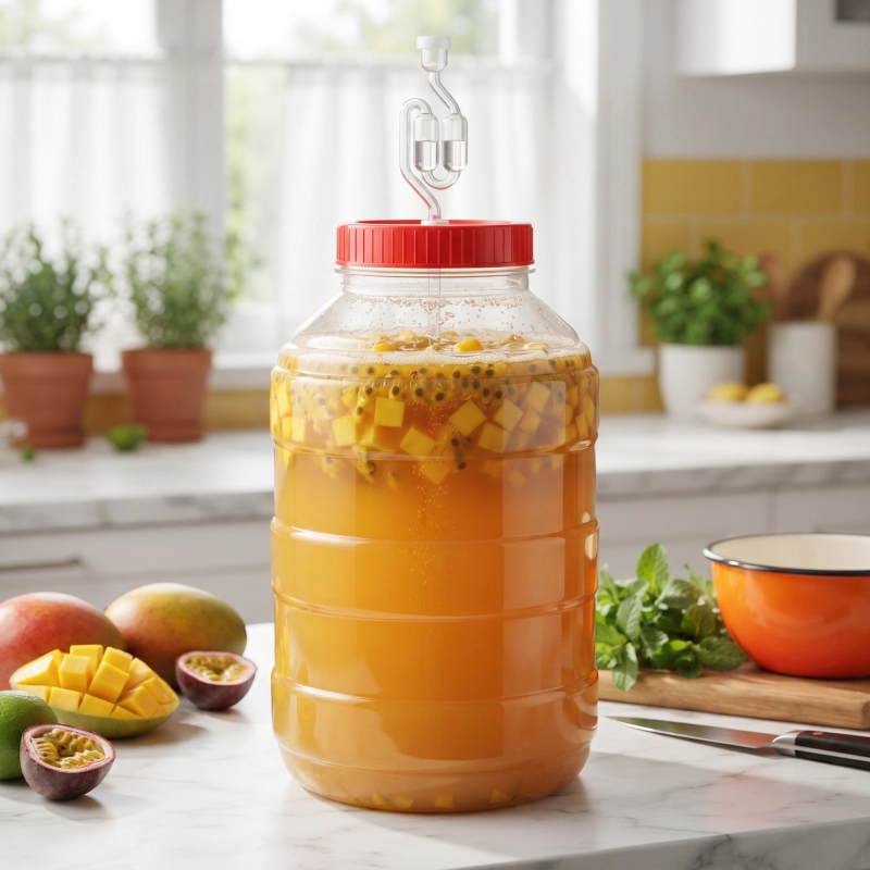 Aranżacja słoja PET 20 l z jasnym nastawem i słoja z ciemnym winem na blacie, oba z czerwoną pokrywą fi 140