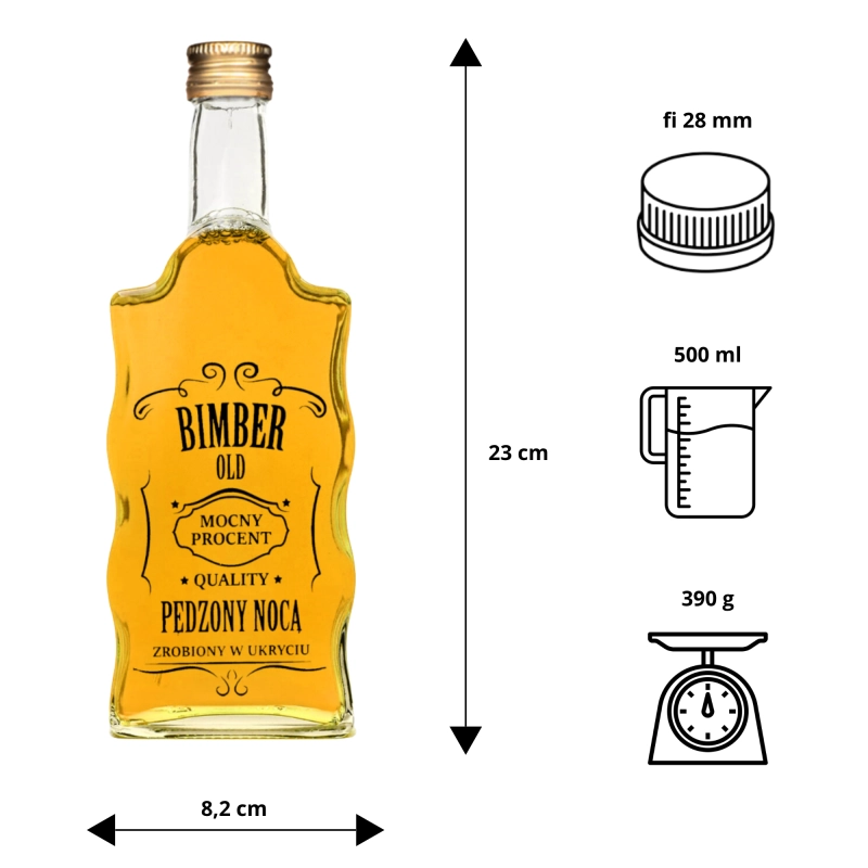 Schemat wymiarowy butelki Fala 500 ml: wysokość 23 cm, szerokość 8,2 cm, gwint fi 28