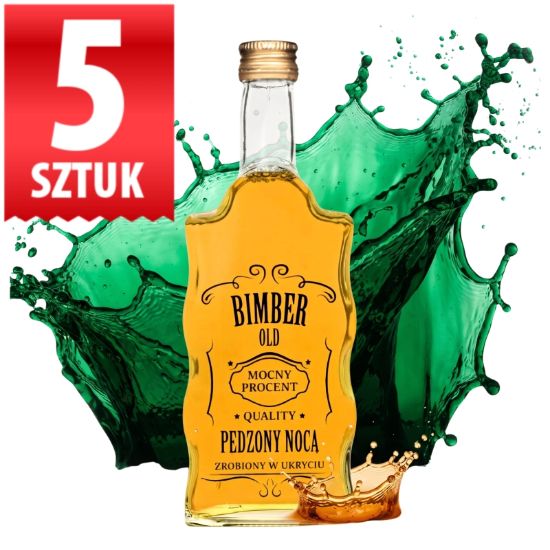 Zestaw 5 szklanych butelek Fala 500 ml z sitodrukiem Bimber Pędzony Nocą, gwint fi 28