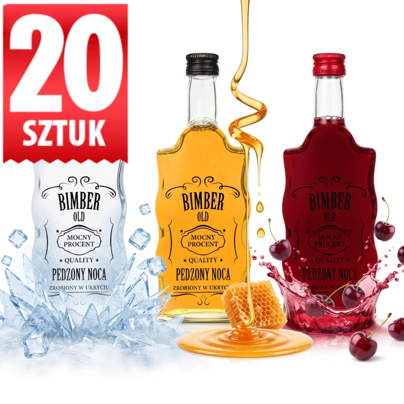 Zestaw 20 szklanych butelek Fala 500 ml z sitodrukiem Bimber Pędzony Nocą, gwint fi 28