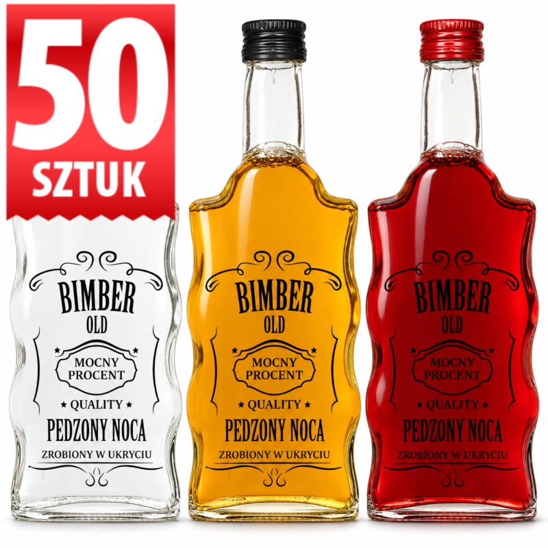 Zestaw 50 szklanych butelek Fala 500 ml z sitodrukiem Bimber Pędzony Nocą, gwint fi 28