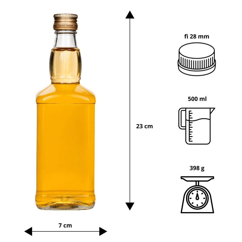 Wymiary szklanej butelki Jack pół litra: wysokość 22,8 cm, gwint fi 28 mm, waga 398 g, tablica oznaczeń