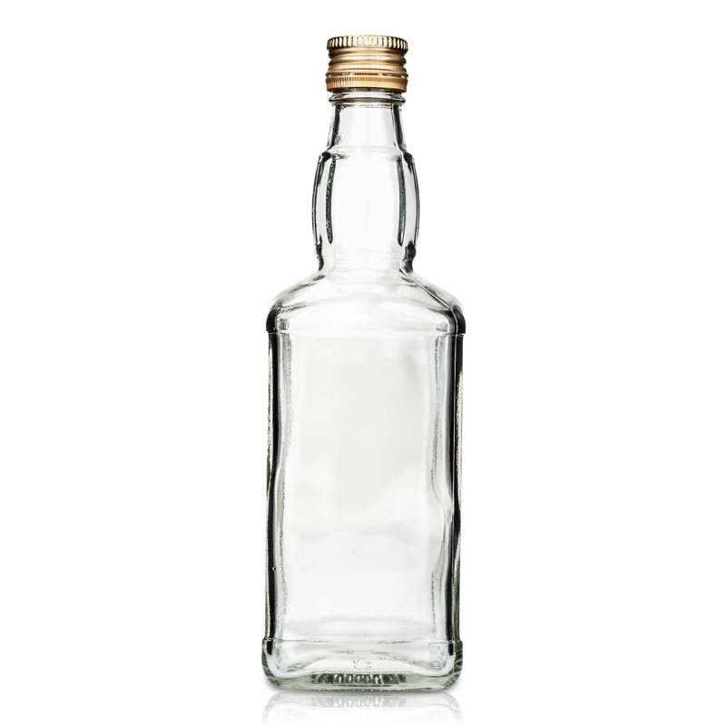 Butelka szklana Jack 500 ml bez zakrętki, prosty płaski korpus i gwint fi 28 mm, widok z przodu na białym tle