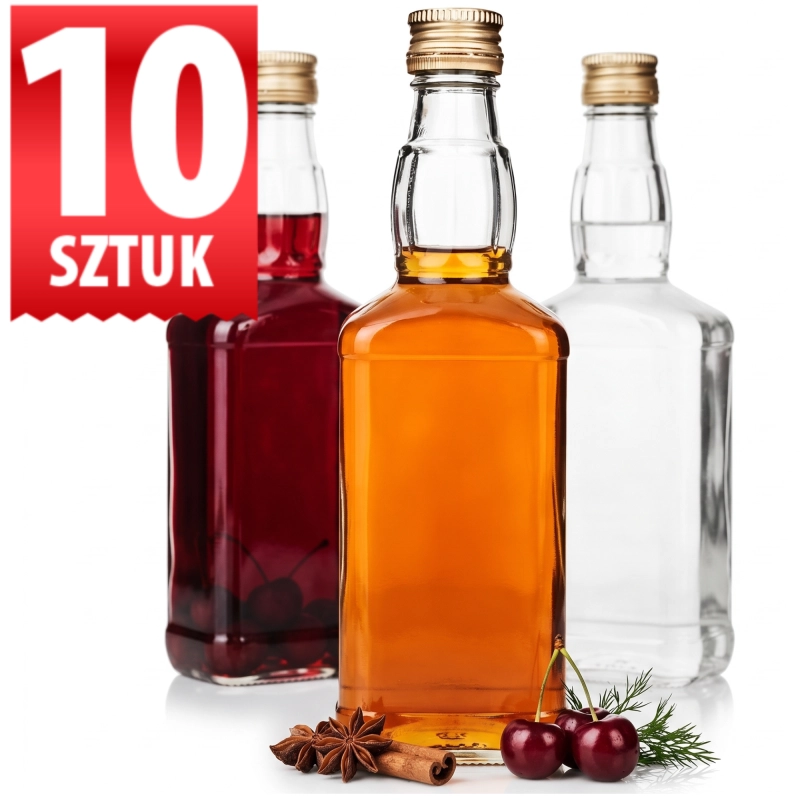 Pakiet 10 butelek szklanych Jack 500 ml, grafika wariantu 10 sztuk z dwiema butelkami, pełną i pustą