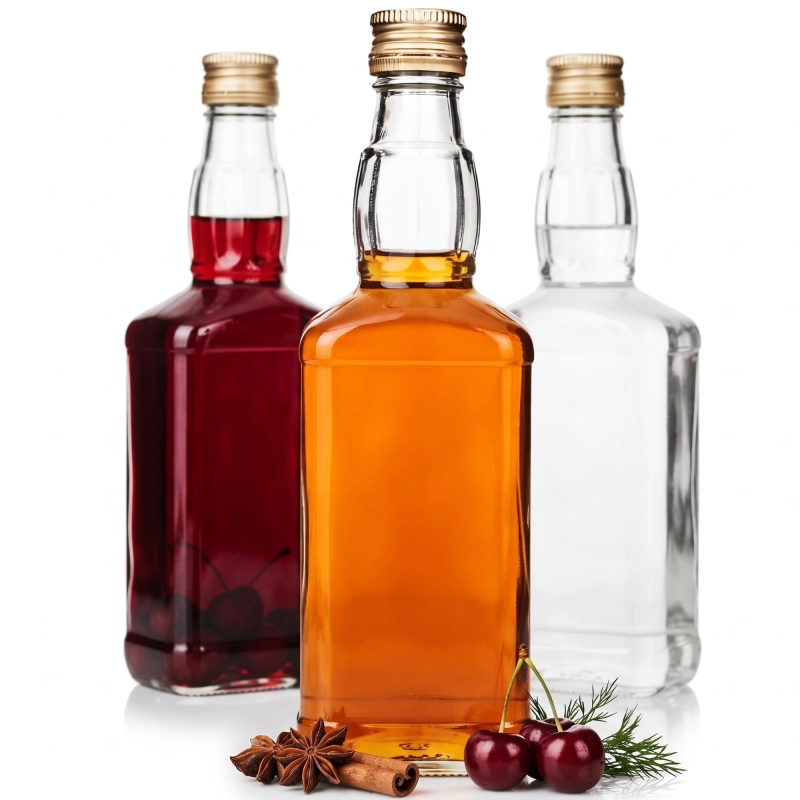 Para kwadratowych butelek Jack 500 ml ze szkła z rubinową i bursztynową nalewką, ta sama flaszka na dwa roczniki